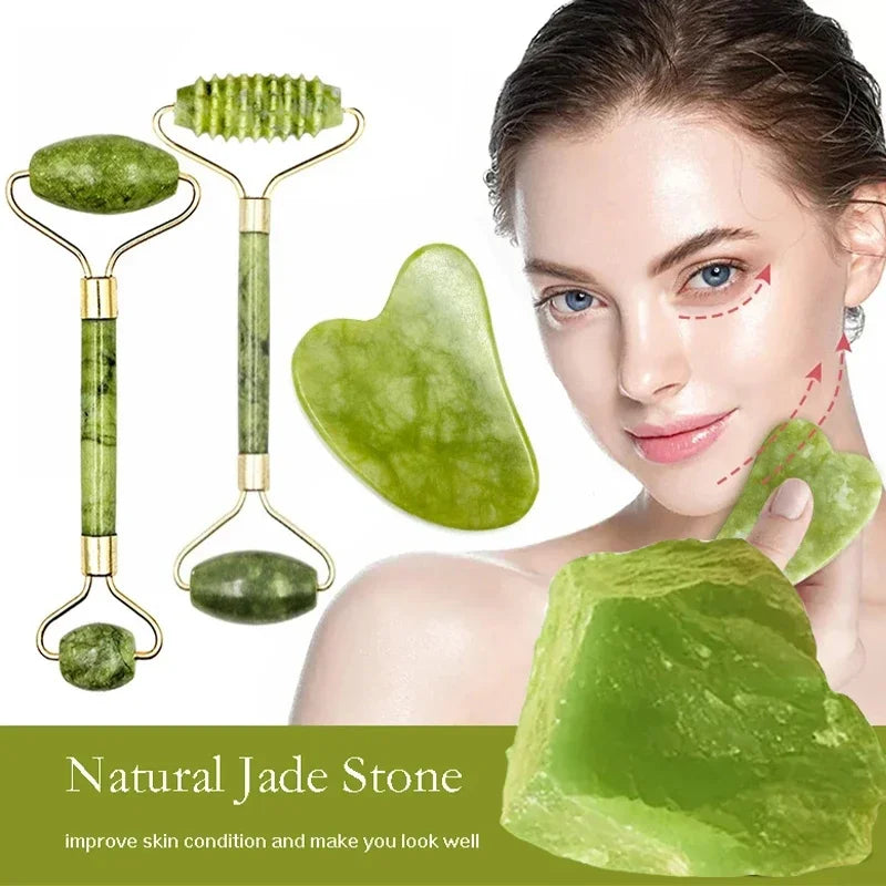 Kit de Massagem Facial e Corporal com Jade Roller e Gua Sha – Pedra Natural para Relaxamento e SPA